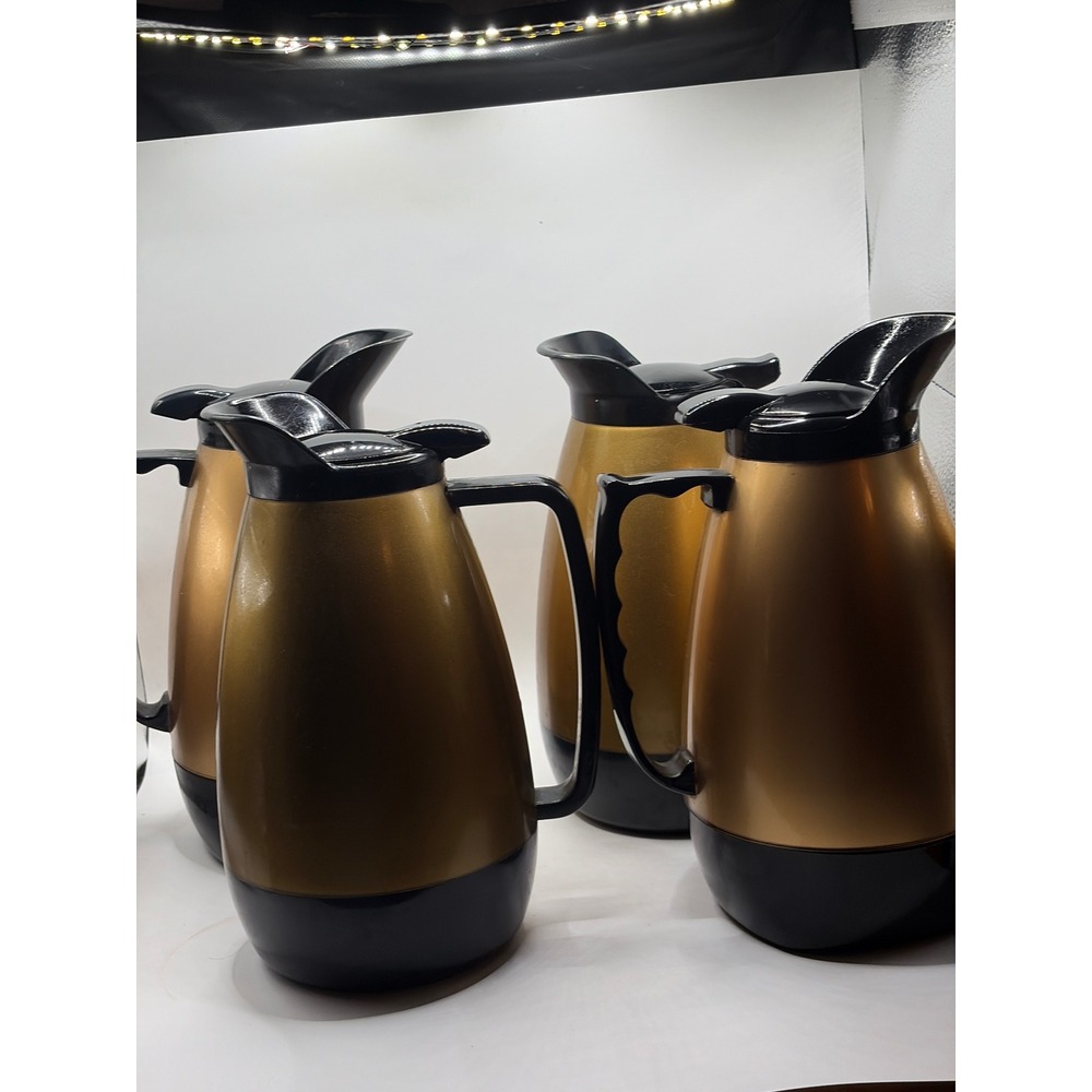 Set of 4 Vintage Thermo-Serv 1 Liter Insulated Coffee Carafes Gold Black MCM
